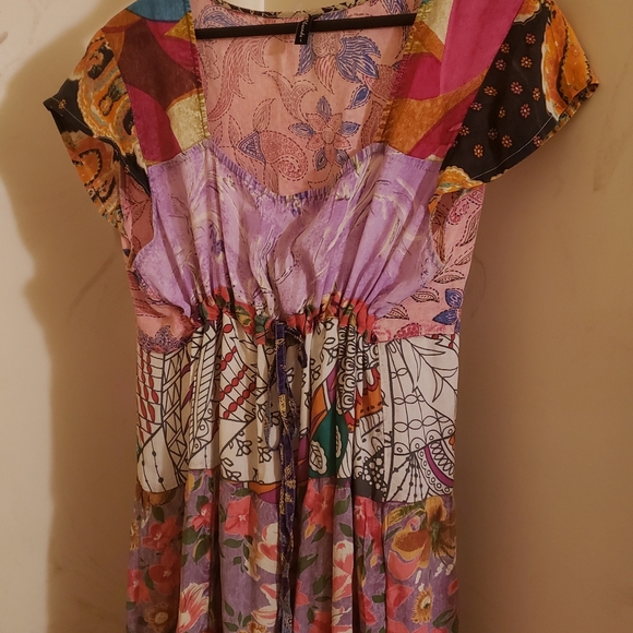 Sacred Threads Floral Patch 100% Rayon Midi Empire Waist Dress Sz L - Picture 1 of 8